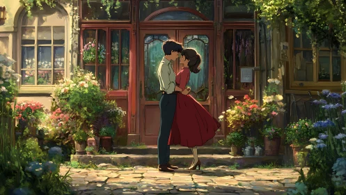 Romantic couple kiss in sunlit garden courtyard doorway.