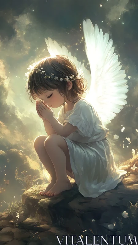 Kneeling child angel in prayer on glowing rocky cliff.