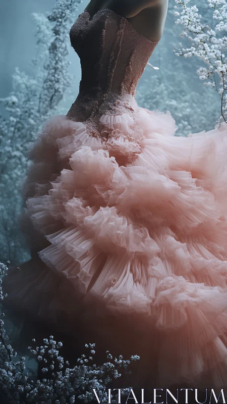 Strapless blush tulle ballgown amid misty flowering branches