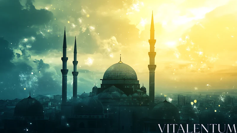 Golden dusk over a tranquil mosque skyline at prayer.