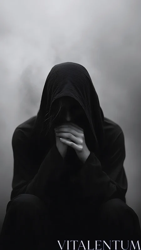 Hooded figure in monochrome chiaroscuro contemplates in silence
