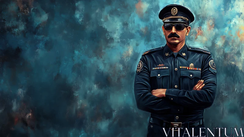 Uniformed police officer against abstract teal background.
