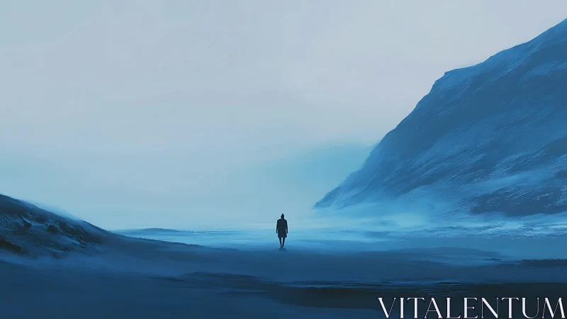 Solitary figure crossing expansive blue arctic valley