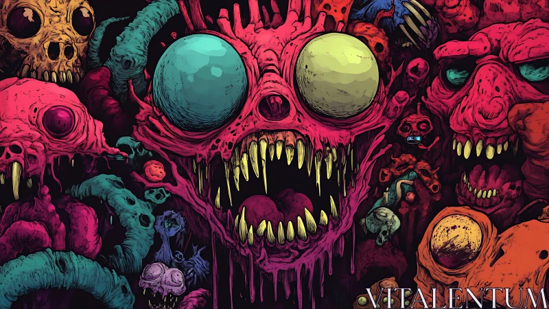 Grotesque multi-eyed monsters in dense horror composition.