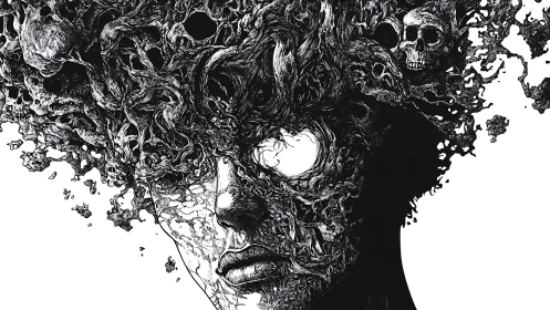 Surreal black ink portrait with skulls and dissolving head.