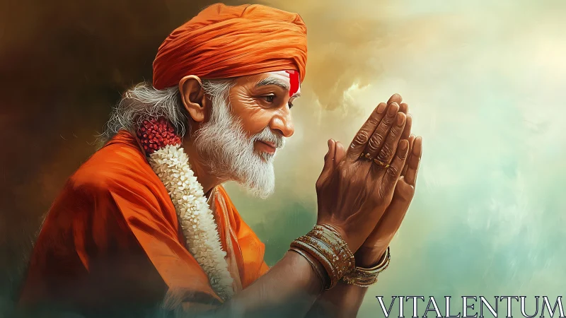 Elderly sage in prayerful pose against ethereal light.