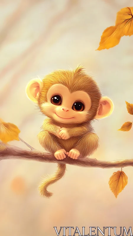 Juvenile monkey on autumn branch rendered in soft digital light
