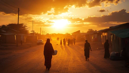 Sunlit village street with silhouetted evening pedestrians.
