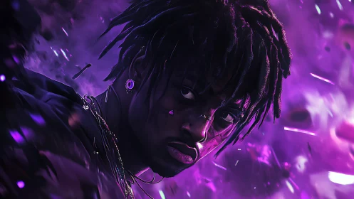 Intense purple portrait merges street attitude with neon chaos
