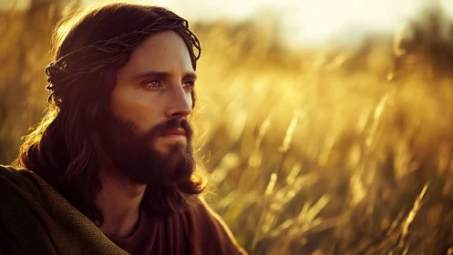 Bearded robed man with thorn crown in sunlit field.