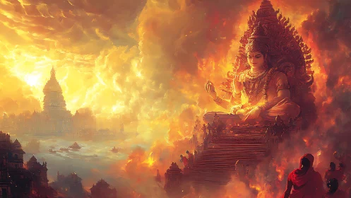 Sunlit temple colossus dreaming over a molten skysea.