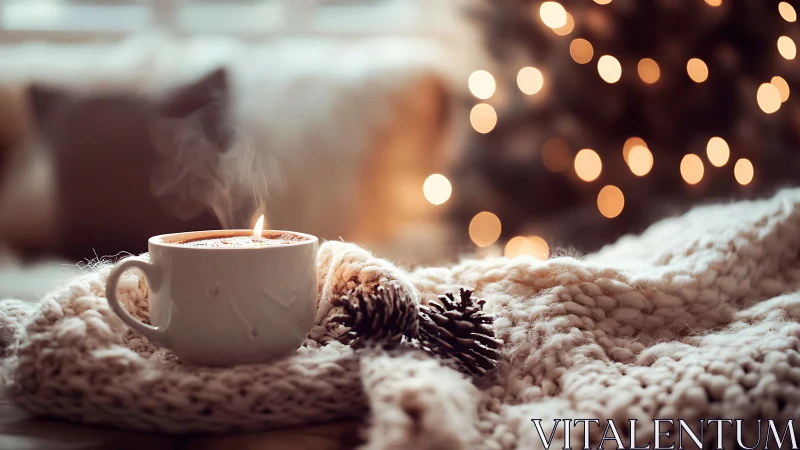 Photorealistic winter mug still life with soft bokeh lighting.