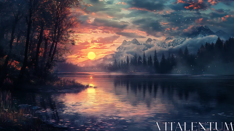 Golden sunset settles gently over a calm forest lake