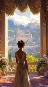 Woman in formal gown observing sunlit classical terrace.
