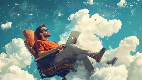 Man in recliner with laptop positioned among bright clouds.