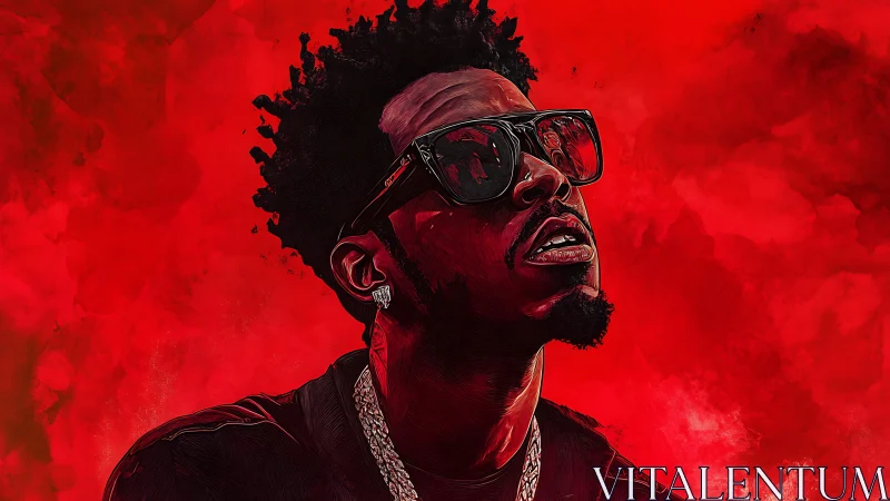 Bold hip-hop portrait glows against intense red clouds background.