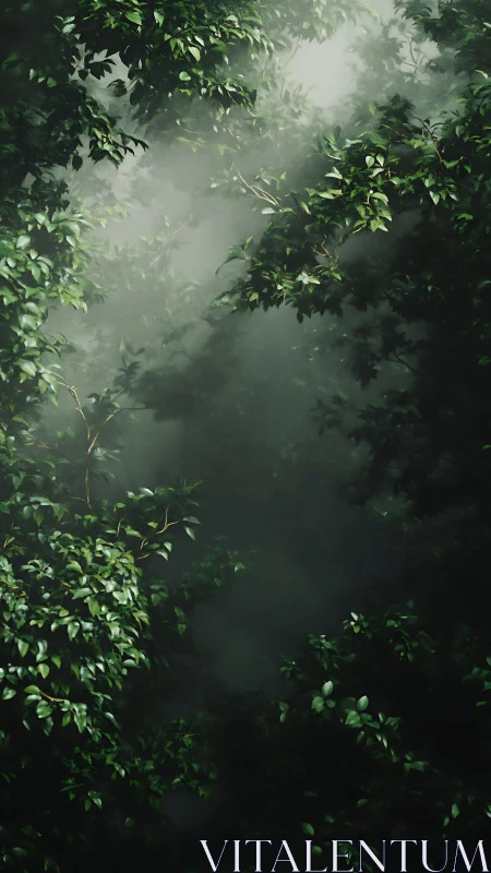 Misty Forest Canopy: Atmospheric Light Filtering Through Verdant Foliage