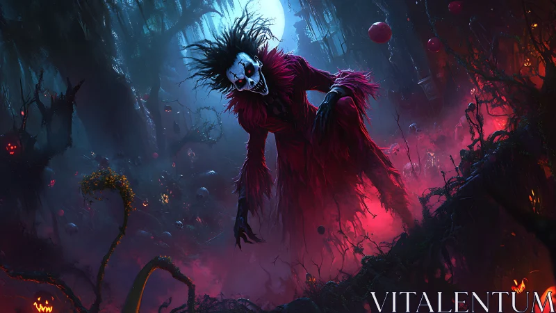 Digital horror painting of demonic harlequin in toxic swamp.