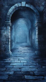 Moonlit stone corridor with arched gateway in cool blues.