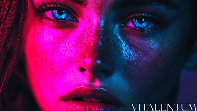 Neon-lit freckled portrait with dual magenta cyan glow.