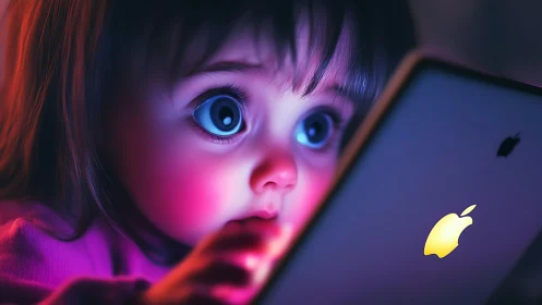 Child Mesmerized by Smartphone Neon Glow.