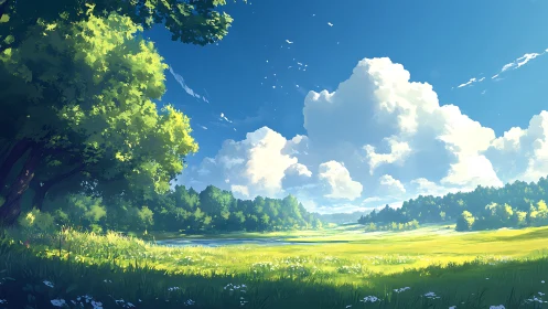 Sunny anime meadow under towering summer clouds.