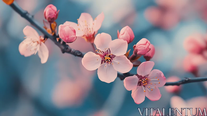 Pink blossoms on dark branch with shallow depth of field.