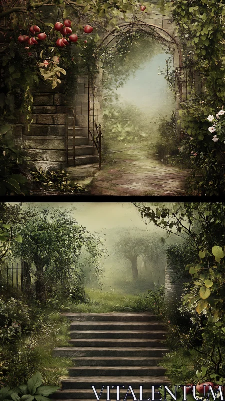 Stone garden arch and misty steps lead toward hidden orchard