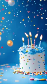 Blue Frosted Birthday Cake with Candles and Confetti.