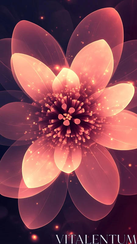 Digital painting of luminous translucent blossom in radial bloom.
