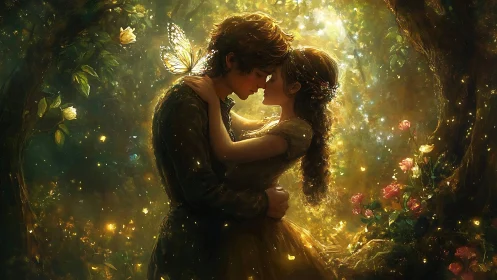 Enchanted Garden Romance: Golden Luminescence and Ethereal Embrace.