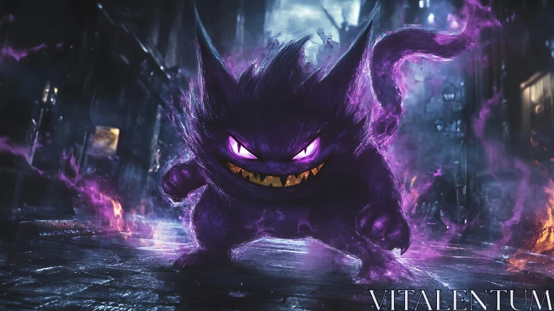 Playful purple ghost creature glowing with neon fire.