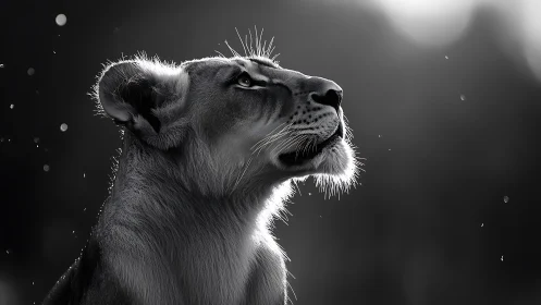 Lioness gazes upward in dramatic monochrome backlight.