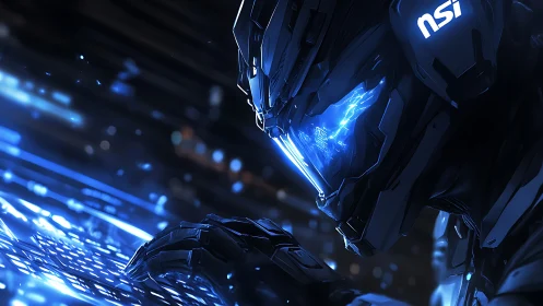 Neon visor hacker forging code in midnight circuitry storm.