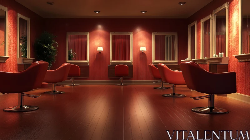 Cinematic red salon interior with symmetrical mirror layout.