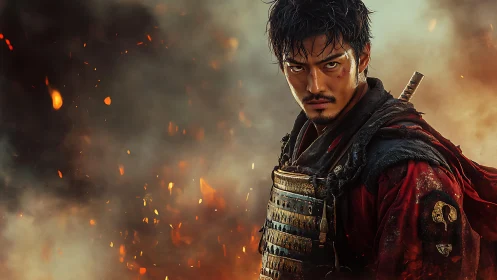 Armored warrior in ember-filled atmospheric battlefield blaze.