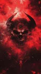 Horned inferno skull rising through ritual crimson smoke.