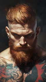 Tattooed red-bearded warrior portrait in harsh light.