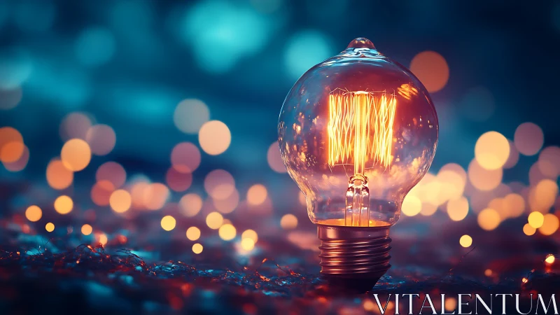 Incandescent filament bulb amid bokeh-saturated luminous field.