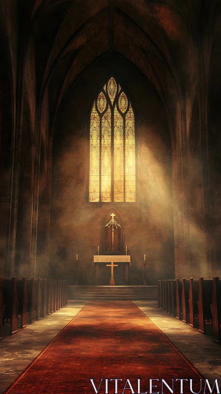 Golden-lit gothic altar under soaring cathedral vaults.