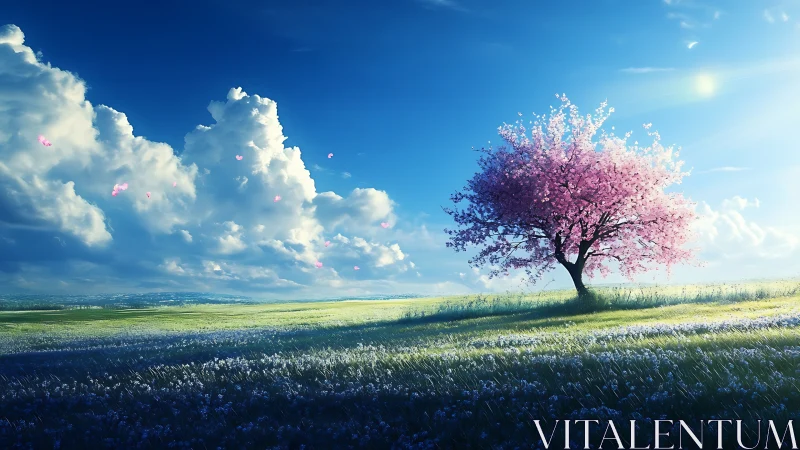 Solitary pink tree stands in bright meadow under vast sky