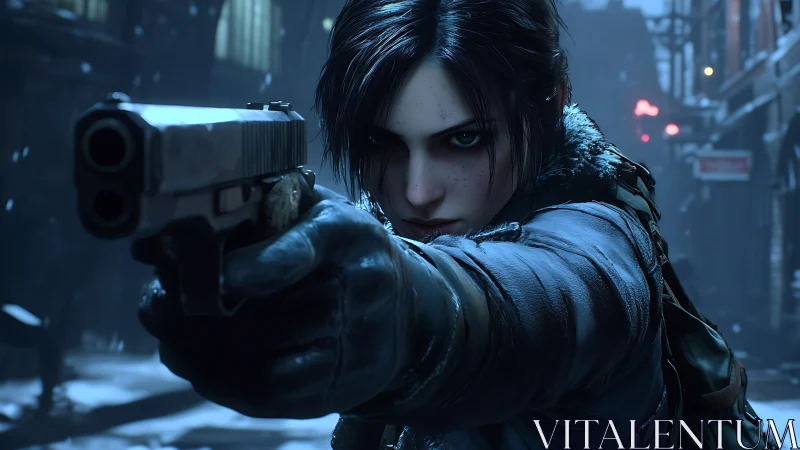 Frostbitten vigilante aiming steel resolve down a neon alley.
