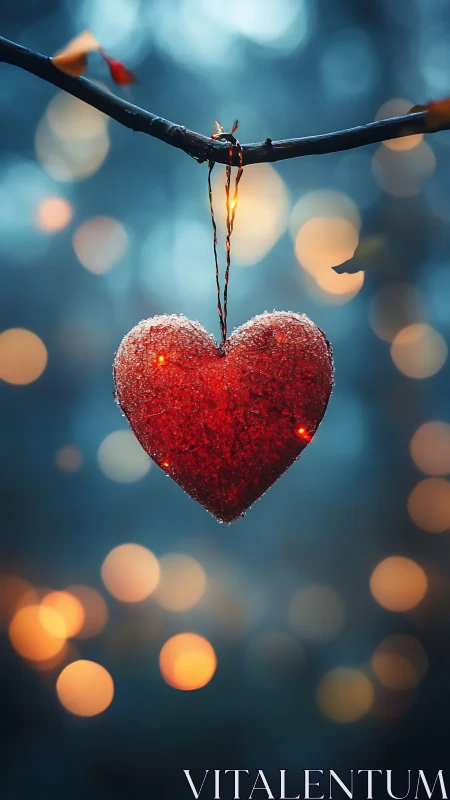 Glittering heart hangs gracefully from a moonlit branch.