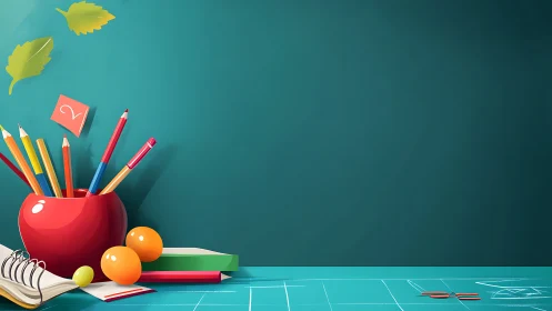 School desktop with stationery and teal background wall.