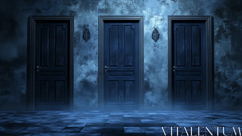 Three closed wooden doors in dim blue corridor interior.