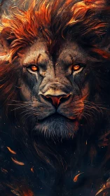 Fiery lion gaze glowing with quiet, powerful courage.