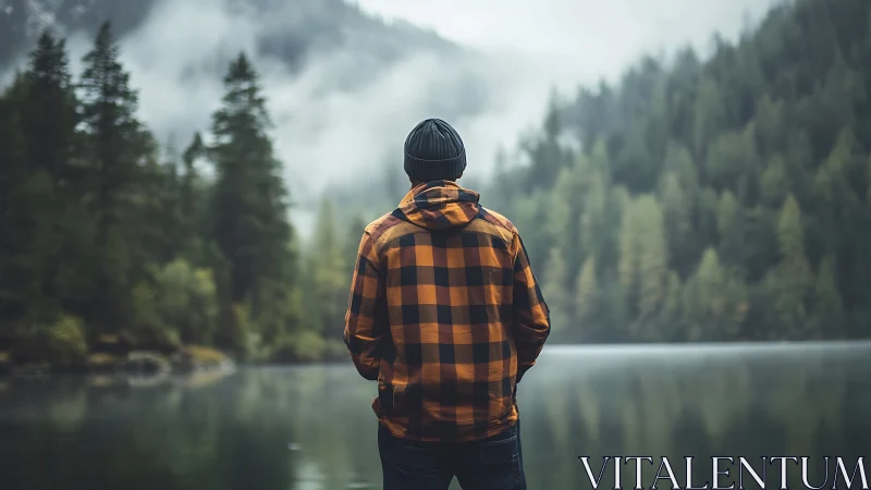 Quiet morning reflection by a misty evergreen lakeshore