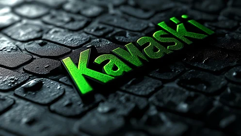 Green Kawaski text glows over wet stone tiles.