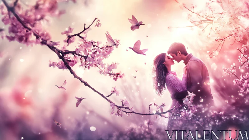 Romantic couple embraced in photorealistic soft-focus bokeh landscape with pink flowering trees