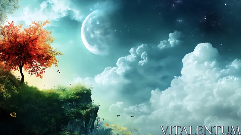 Moonlit cliffside tree dreaming above cotton-sky clouds.